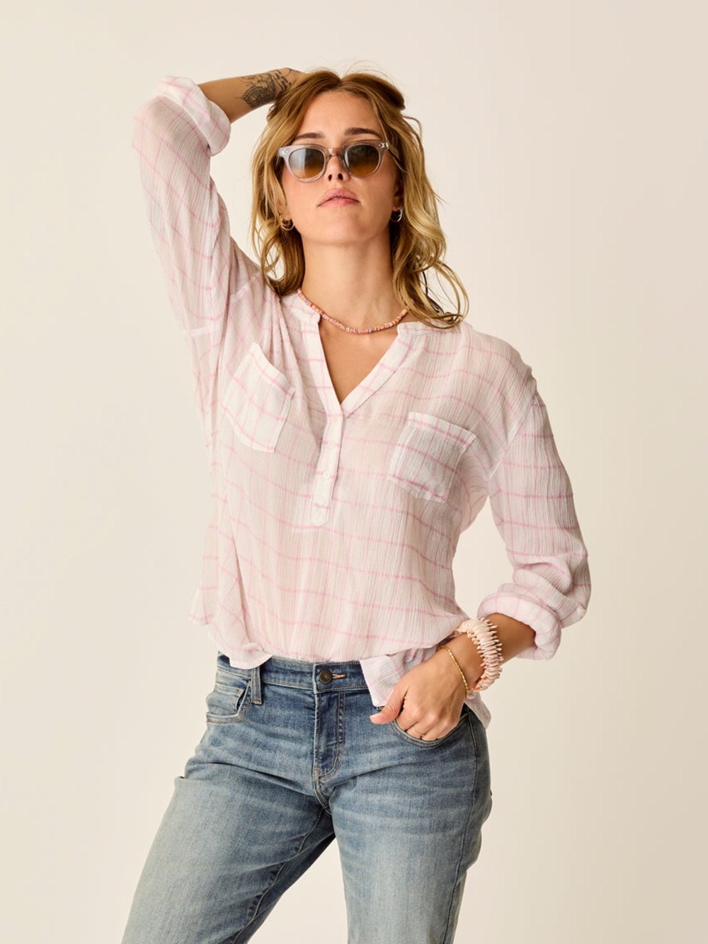 🤍Carve Designs Dylan Organic Cotton Gauze Shirt • White & Pink